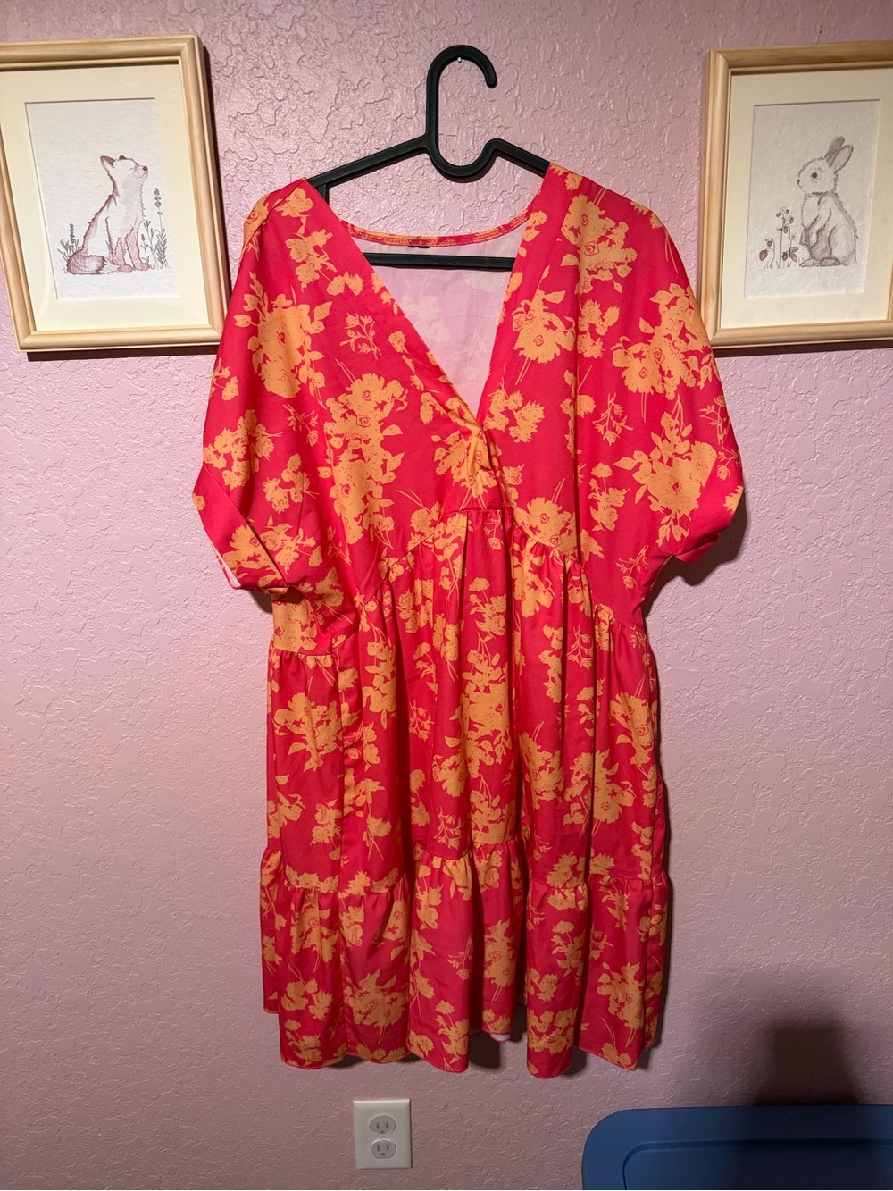 Floral V-Neck Tiered Casual Dress in Pink and Yellow - Women